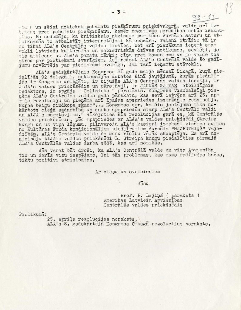 ALA Centrālās valdes priekšsēža Paula Lejiņa vēstule Ādolfam Šildem par žurnāla "Jaunā Gaita" saturu, ALA kritisko nostāju un pieņemto rezolūciju, 1959. gada 31. jūlijs. Avots:LNA_LVA F3078_1-v_37, 13. lp.