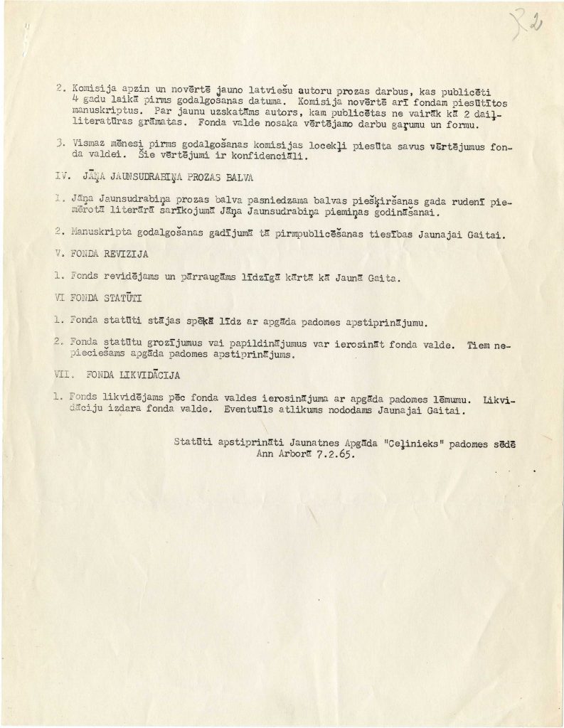 Jāņa Jaunsudrabiņa prozas balvas fonda statūti. Apstiprināti 1965. gada 7. februārī. Avots: LNA_LVA F3078_1-v_47, 2. lp.