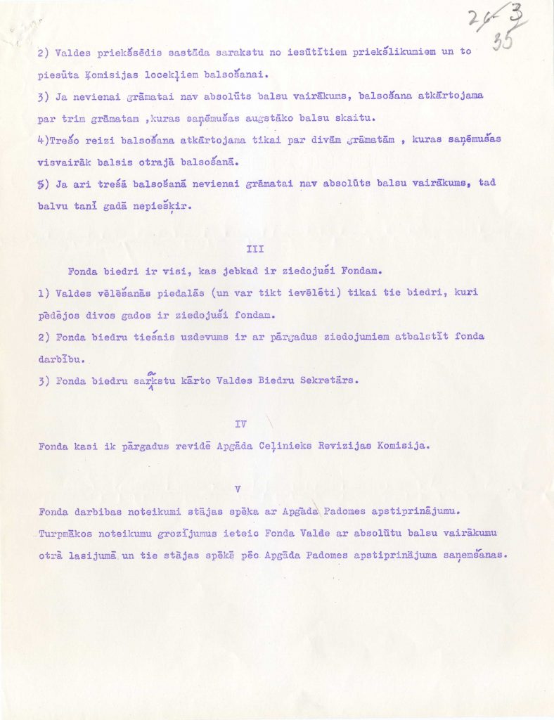 Informācija par Jāņa Jaunsudrabiņa balvas fondu, valdi un biedriem. Avots: LNA_LVA F3078_1-v_47, 35. lp.