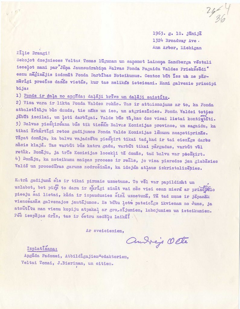 Jāņa Jaunsudrabiņa balvas fonda pagaidu valdes priekšsēža Andreja Oltes vēstule par fonda darbības noteikumu izstrādi, 1963. gada 18. jūnijs. Avots: LNA_LVA F3078_1-v_47, 36. lp.