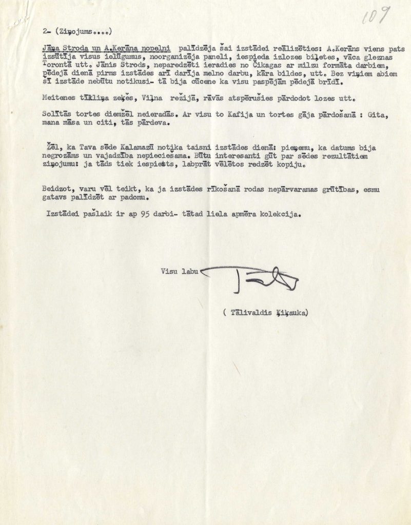 Tālivalža Ķiķaukas ziņojums par ceļojošās izstādes rezultātiem. Avots: LNA_LVA F3078_1-v_48, 109. lp.