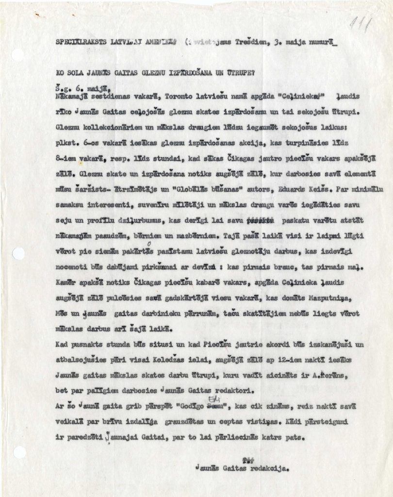 Informācija trimdas laikrakstam "Latvija Amerikā" par žurnāla "Jaunā Gaita" gleznu izpārdošanu un ūtrupi. Avots: LNA_LVA_F3078_1-v_48, 111. lp..