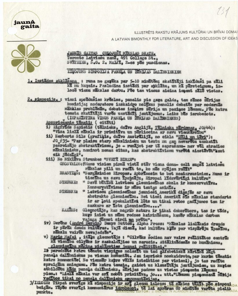 Žurnāla "Jaunā Gaita" ceļojošās mākslas skates atklāšanas plāns. Avots: LNA_LVA f3078_1v_42, 131. lp.