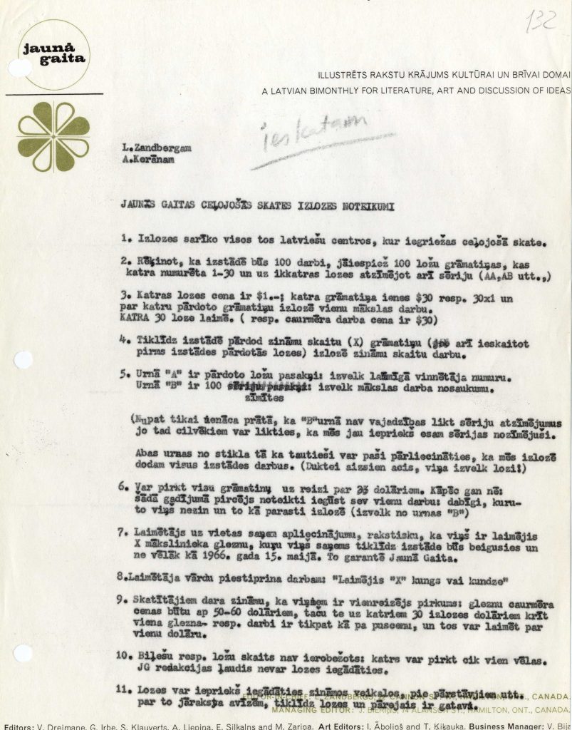 Žurnāla "Jaunā Gaita" ceļojošās skates izlozes noteikumi. Avots: LNA_LVA_F3078_1v_42, 132. lp.