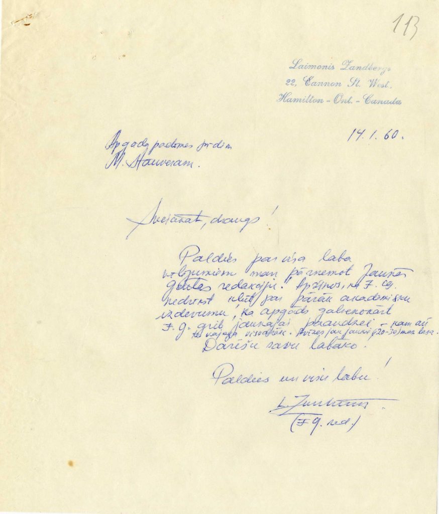 Laimoņa Zandberga pateicības vēstule Jaunās Gaitas līdzstrādniekam, literātam un sabiedriskam darbiniekam Mārtiņam Štauvertam. 1960. gada 14. janvāris. Avots: LNA_LVA_F3078_1v_11, 113. lp.
