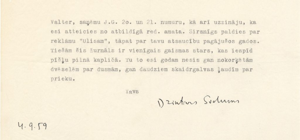 Dzintara Soduma vēstule Valteram Nollendorfam. Pateicība par darbu žurnālā Jaunā Gaita. Zviedrija, 1959. gada 4. septembris. Avots: Latvijas Nacionālā rakstniecības un mūzikas muzeja krājums.