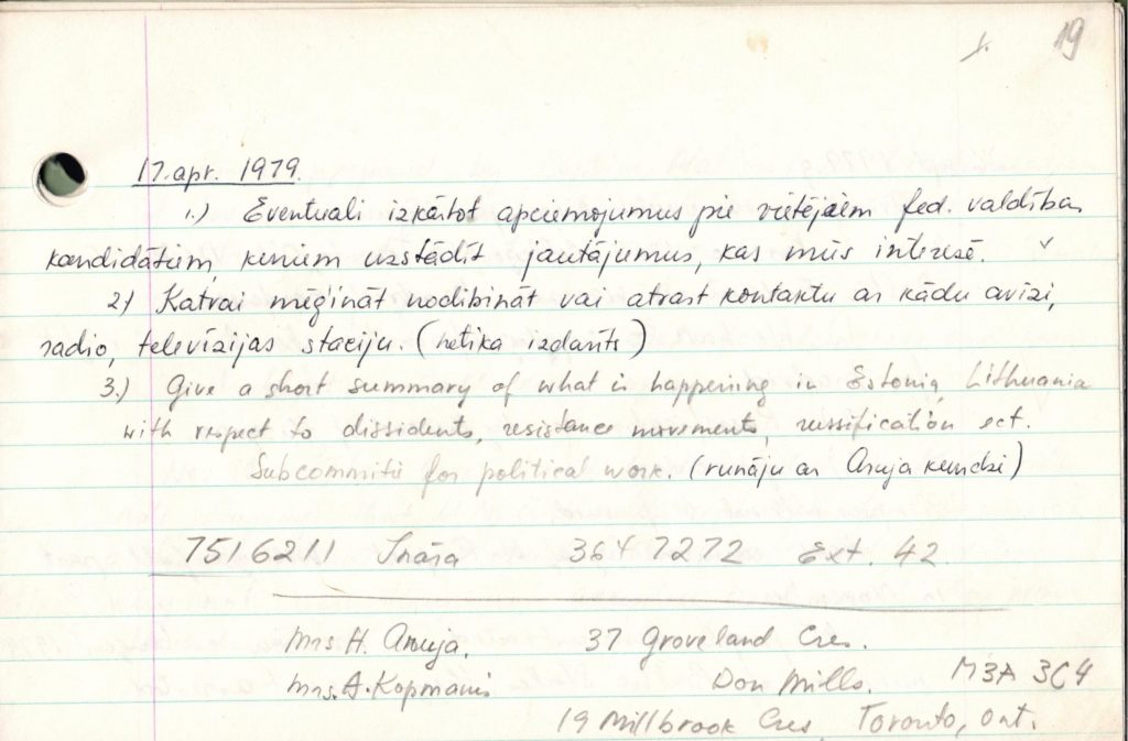 E. Miniates pierakstu, kas saistīti ar viņas darbu Baltijas Sieviešu padomē, klades fragments. 1979. gads. Avots: LNA_LVA_F2570_1v_86, 18. lp.