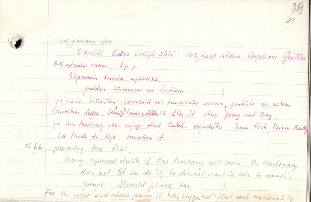 E. Miniates pierakstu, kas saistīti ar viņas darbu Baltijas Sieviešu padomē, klades fragments. 1984. gads. Avots: LNA_LVA_F2570_1v_86, 29. lp.