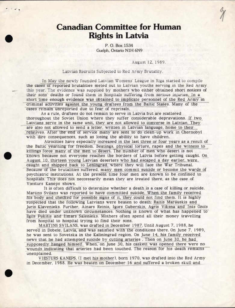 E. Miniates darbības Kanādas komitejas par cilvēktiesībām Latvijā ietvaros rakstītais referāts “Latvian Recruits Subjected to Red Army Brutality”. 1989. gada 12. augusts. Avots: LNA_LVA_F2570_1v_101, 31. lp.
