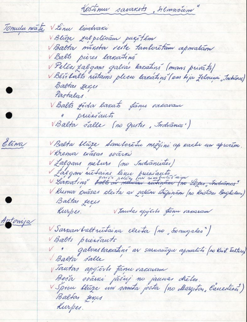 E. Daugavietes-Lapukinas veidots saraksts ar kostīmu aprakstiem Stokholmas Latviešu teātra iestudētajai R. Blaumaņa lugai “Skroderdienas Silmačos”. 1986. gads. Avots: LNA_LVA_F2070_1v_12, 48. lp.