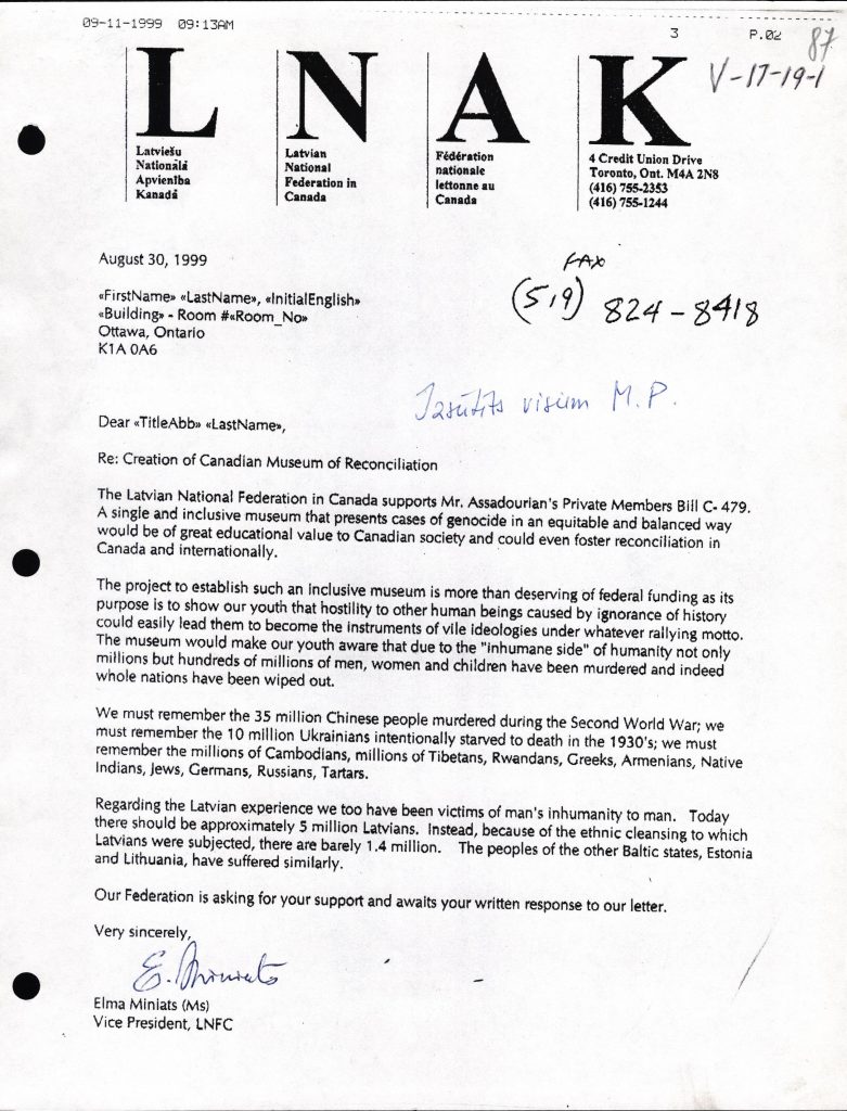 E. Miniates rakstītā vēstule saistībā ar vēlmi izveidot genocīda muzeju Kanādā. 1999. gada 30. augusts. Avots: LNA_LVA_F2570_1v_69, 87. lp.
