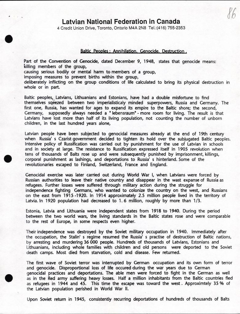 E. Miniates raksts “Baltic People: Annihilation, Genocide, Destruction”, kas sūtīts kā atbilde ielūgumam piedalīties Kanādas Ukraiņu kongresā saistībā ar genocīda pret Ukrainu - Golodomora upuru atceres 66. gadadienu. 1999. gada 18. novembris. Avots: LNA_LVA_F2570_1v_69, 86. lp.