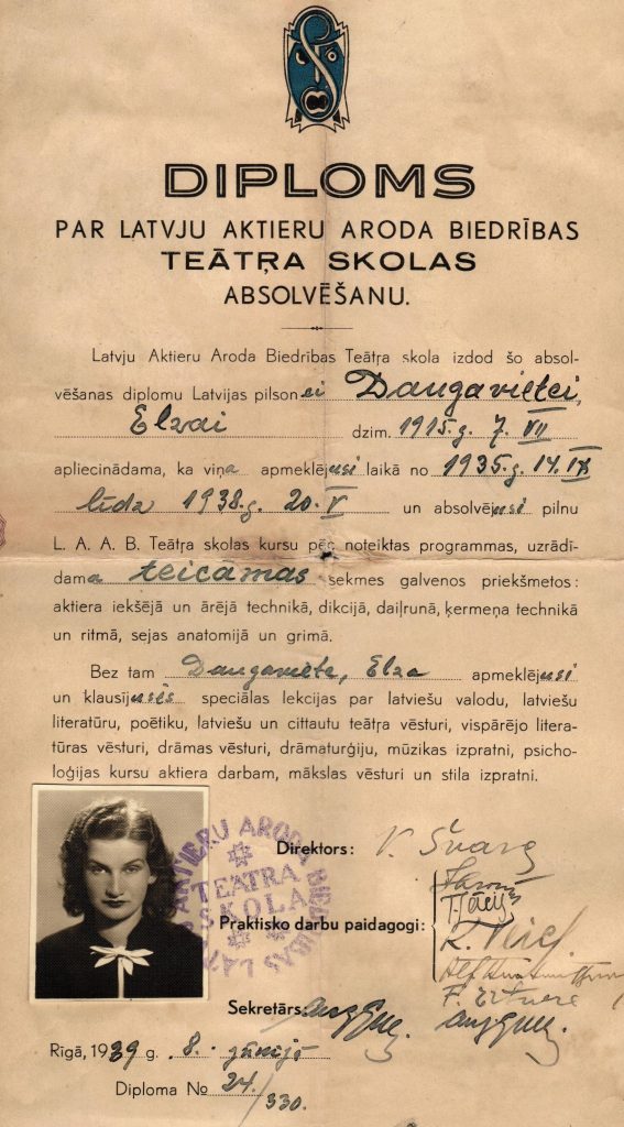 Elzai Daugavietei izsniegtais diploms par Latvju aktieru arodbiedrības Teātra skolas absolvēšanu 1939. gada 8. jūnijā. Avots: LNA_LVA_F2070_1v_17, 1. lp.