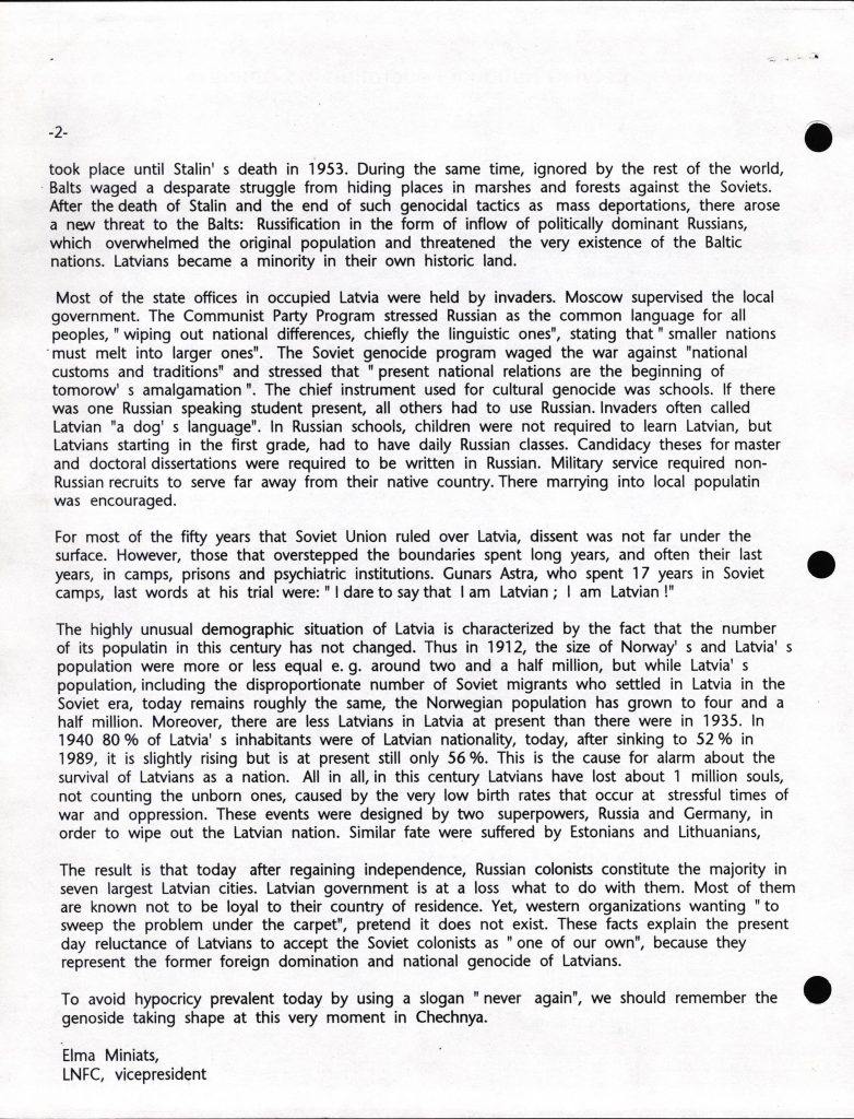 E. Miniates raksts “Baltic People: Annihilation, Genocide, Destruction”, kas sūtīts kā atbilde ielūgumam piedalīties Kanādas Ukraiņu kongresā saistībā ar genocīda pret Ukrainu - Golodomora upuru atceres 66. gadadienu. 1999. gada 18. novembris. Avots: LNA_LVA_F2570_1v_69, 86. lp.