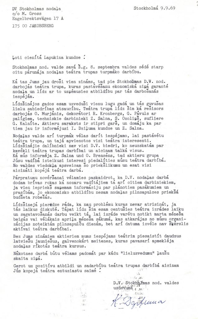 Daugavas Vanagu Stokholmas nodaļas nosūtīts uzaicinājums Elzai Daugavietei-Lapukinai pievienoties Stokholmas Daugavas Vanagu teātra kopai. 1969. gada 9. septembris. Avots: LNA_LVA_F2070_1v_1_26