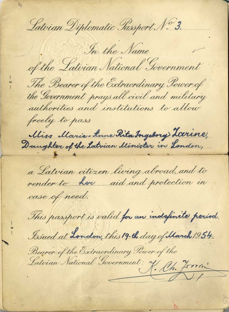 Marie Annas Zariņas diplomātiskā pase, izdota 1954. gada 19. martā. Avots: LNA_LNA_F2263_1_189, 25. lp.