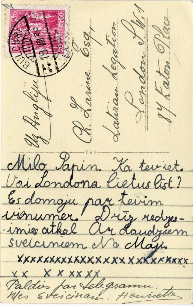 Atklātne sūtnim Kārlim Zariņam no meitas Marie Annas un sievas Henrietes, 1936. gads. Avots: LNA_LVA_F2263_1_222, 1. lp.