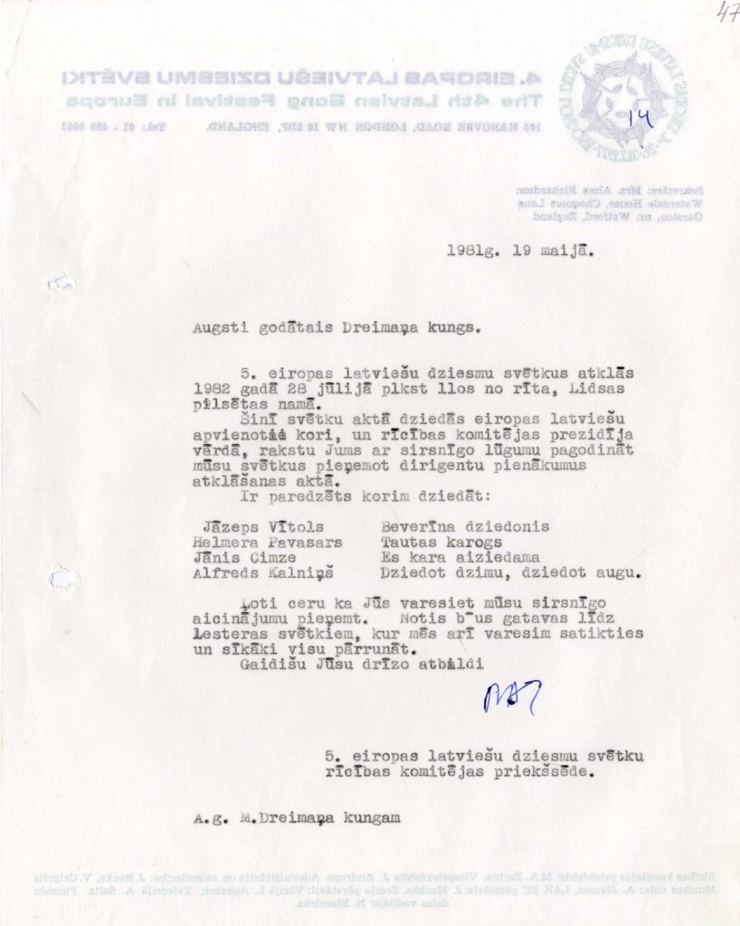 Marie Annas uzaicinājums Marģeram Dreimanim uzņemties 5. Eiropas latviešu Dziesmu svētku diriģenta pienākumus. 1981. gada 19. maijs. Avots: LNA_LVA_F2263_2_15, 47. lp.