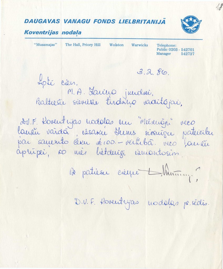 Daugavas Vanagu fonda Lielbritānijā Koventrijas nodaļas pateicība Marie Annai Zariņai par veikto ziedojumu veco ļaužu aprūpei. 1986. gada 3. februāris. Avots: LNA_LVA_F2263_2_23, 18. lp.