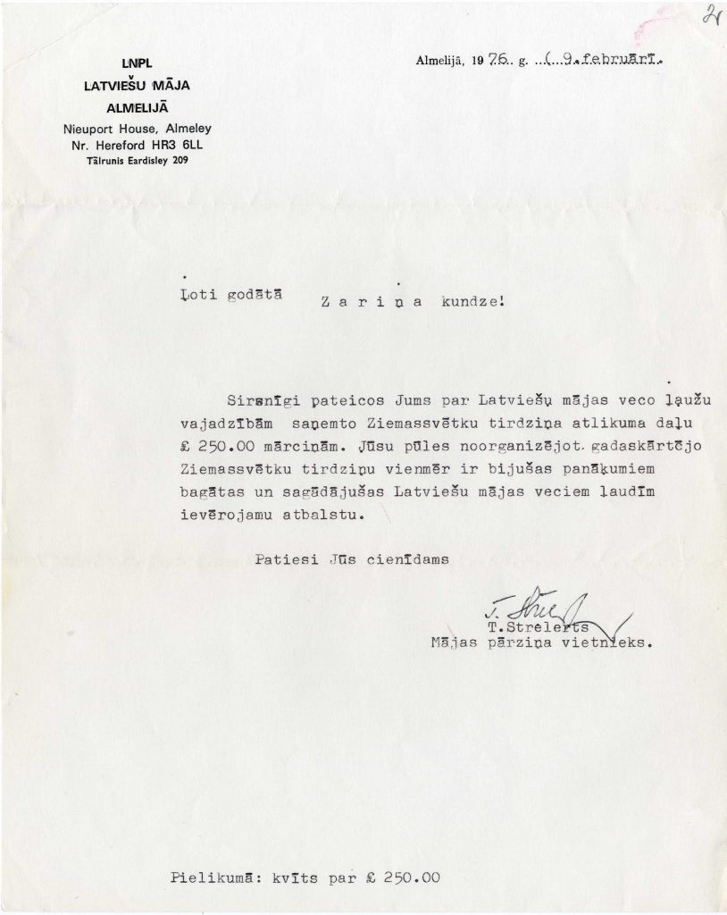 Latviešu mājas Almēlijā pateicība Marie Annai Zariņai par veco ļaužu vajadzībām saņemto Ziemassvētku tirdziņa ziedojumu, 1976. gada 9. februāris. Avots: LNA_LVA_F2263_2_23, 2. lp.