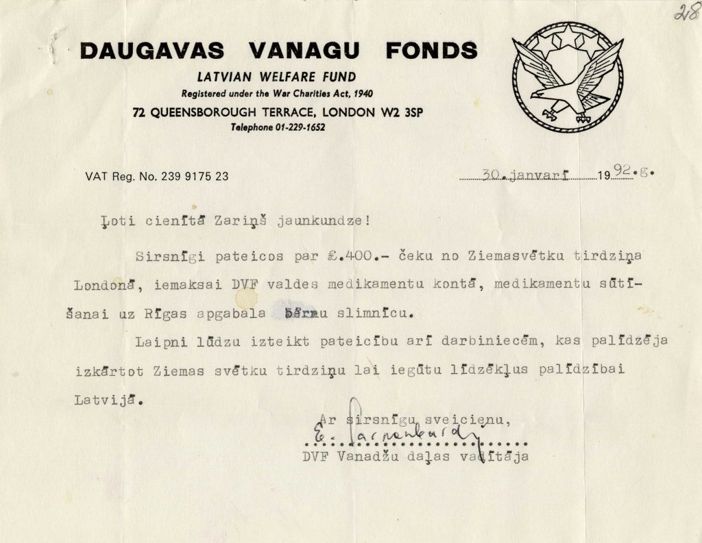 Daugavas Vanagu fonda pateicība Marie Annai Zariņai par veikto ziedojumu medikamentiem. 1992. gada 30. janvāris. Avots: LNA_LVA_F2263_2_23, 28. lp.