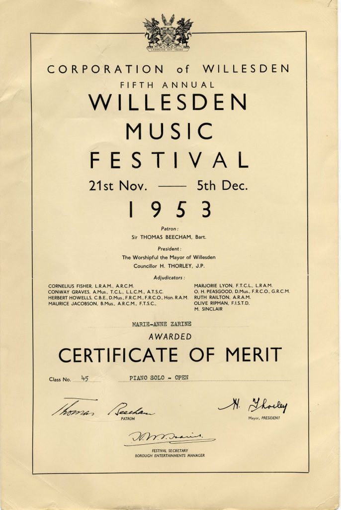Sertifikāts par sasniegumiem mūzikā, 1953. gads. Avots: LNA_LVA_F2263_2_41, 1. lp.