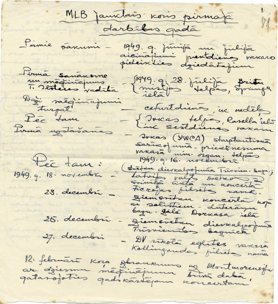 Fragments no Lilijas Dunsdorfas piezīmēm par Melburnas jauktā kora pirmo darbības gadu. Avots: LNA_LVA_F2423_1-v_15, 81. lp.
