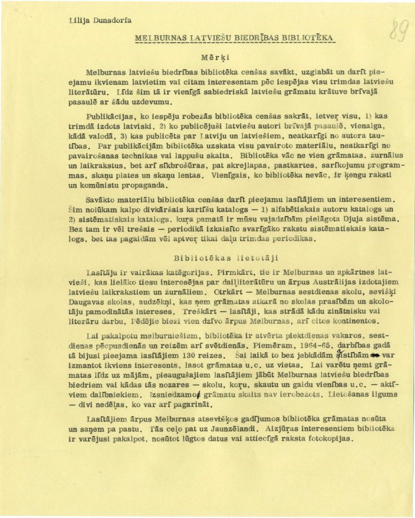 Lilijas Dunsdorfas sastādītie Melburnas latviešu bibliotēkas darbības principi. Avots: LNA_LVA_F2423_1-v_42, 89. lp.