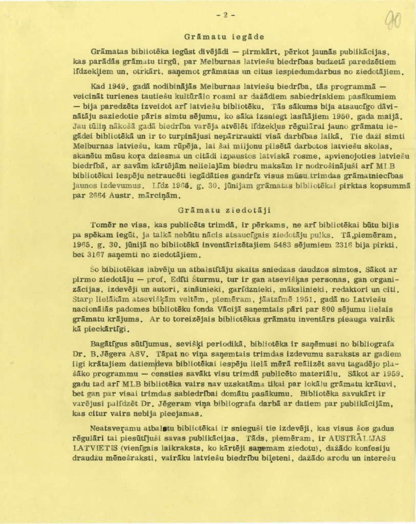 Lilijas Dunsdorfas sastādītie Melburnas latviešu bibliotēkas darbības principi. Avots: LNA_LVA_F2423_1-v_42, 90. lp.