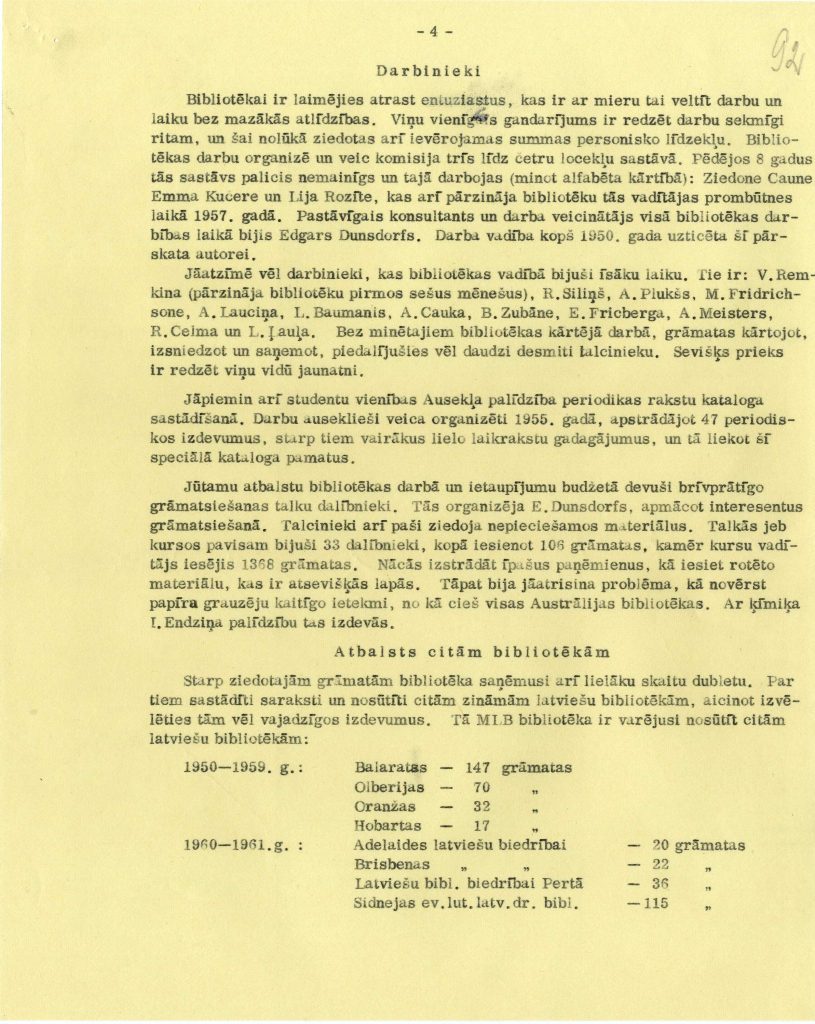 Lilijas Dunsdorfas sastādītie Melburnas latviešu bibliotēkas darbības principi. Avots: LNA_LVA_F2423_1-v_42, 92. lp.