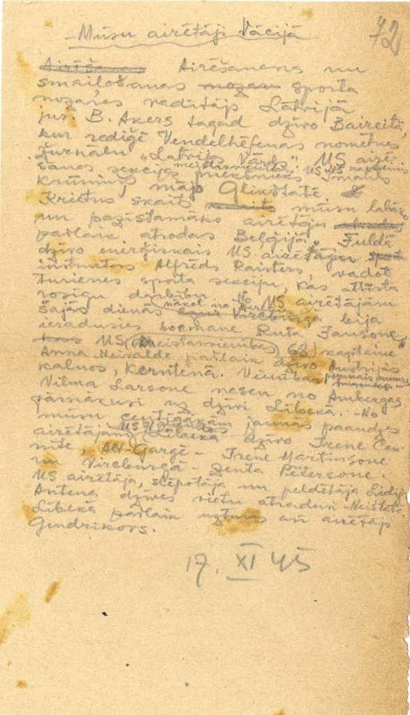 Lilijas Dunsdorfas piezīmes par airētājiem Vācijā, 1945. gada 17. novembris. Avots: LNA_LVA_F2423_1-v_1, 9_2. lp.