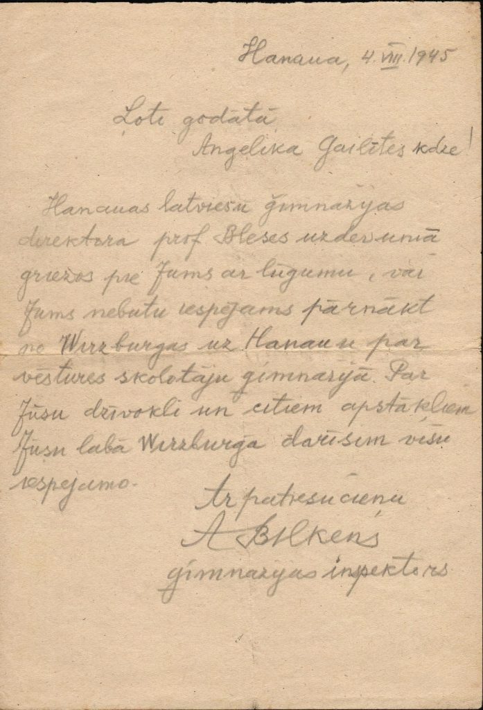 Hānavas, Vācijā, latviešu ģimnāzijas inspektora A. Bilkena vēstule A. Gailītei ar lūgumu pāriet strādāt uz šo ģimnāziju par vēstures skolotāju. 1945. gada 4. augusts. Avots: LNA_LVA_F2402_US1