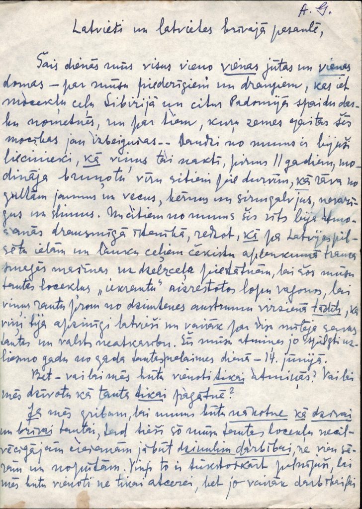 Angelikas Gailītes uzrunas “Latvieši un latvietes brīvajā pasaulē” melnraksts. Kanāda, 1952. gada 14. jūnijs. Avots: LNA_LVA_F2402_US1
