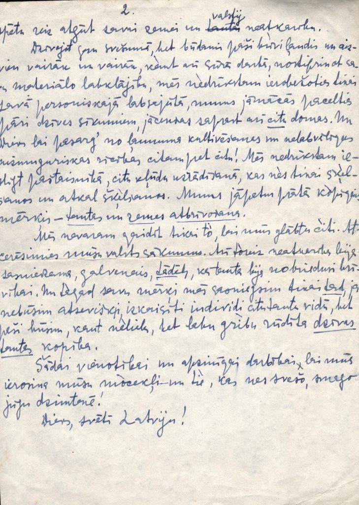 Angelikas Gailītes uzrunas “Latvieši un latvietes brīvajā pasaulē” melnraksts. Kanāda, 1952. gada 14. jūnijs. Avots: LNA_LVA_F2402_US1