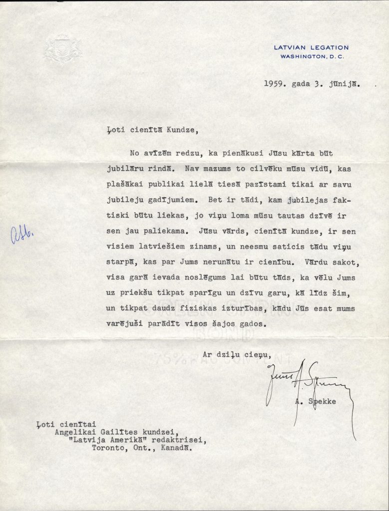 Arnolda Spekkes sūtītais apsveikums Angelikai Gailītei 75 gadu dzimšanas dienā. 1959. gada 3. jūnijs. Avots: LNA_LVA_F2402_US1