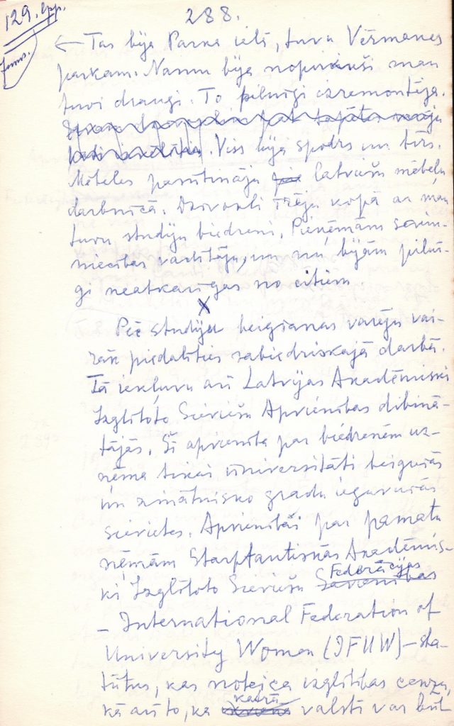 Angelikas Gailītes autobiogrāfiskās grāmatas "Ceļiniece" manuskripta fragments (fragmentā aprakstīta A. Gailītes darbība Latvijas Akadēmiski izglītoto sieviešu apvienībā). 1962. gads. Avots: LNA_LVA_F2402_US1