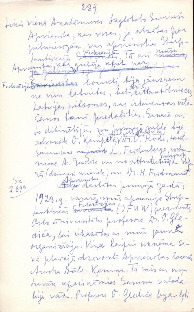 Angelikas Gailītes autobiogrāfiskās grāmatas "Ceļiniece" manuskripta fragments (fragmentā aprakstīta A. Gailītes darbība Latvijas Akadēmiski izglītoto sieviešu apvienībā). 1962. gads. Avots: LNA_LVA_F2402_US1