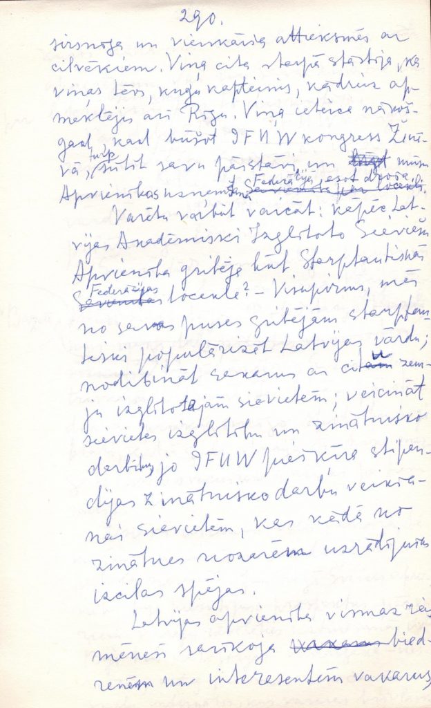 Angelikas Gailītes autobiogrāfiskās grāmatas "Ceļiniece" manuskripta fragments (fragmentā aprakstīta A. Gailītes darbība Latvijas Akadēmiski izglītoto sieviešu apvienībā). 1962. gads. Avots: LNA_LVA_F2402_US1