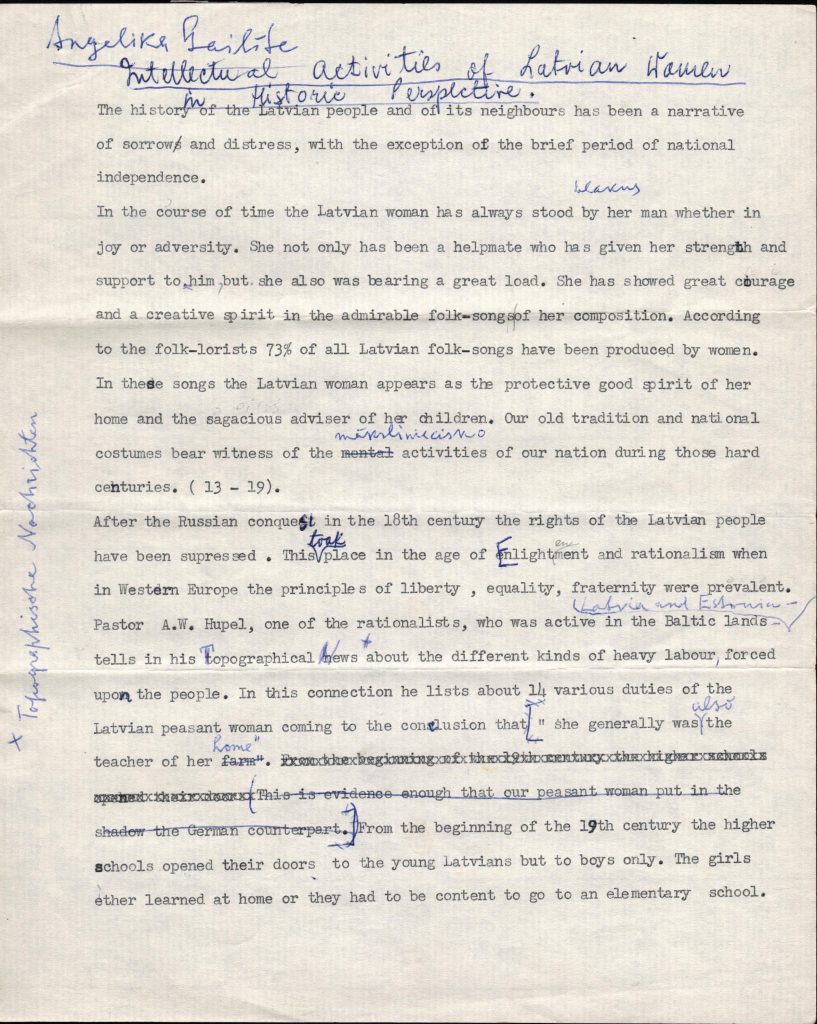 Angelikas Gailītes raksta "Intellectual activities of Latvian Women in Historic Perspective" manuskripta fragments. 20. gs. 60. gadu 2. puse. Avots: LNA_LVA_F2402_US1