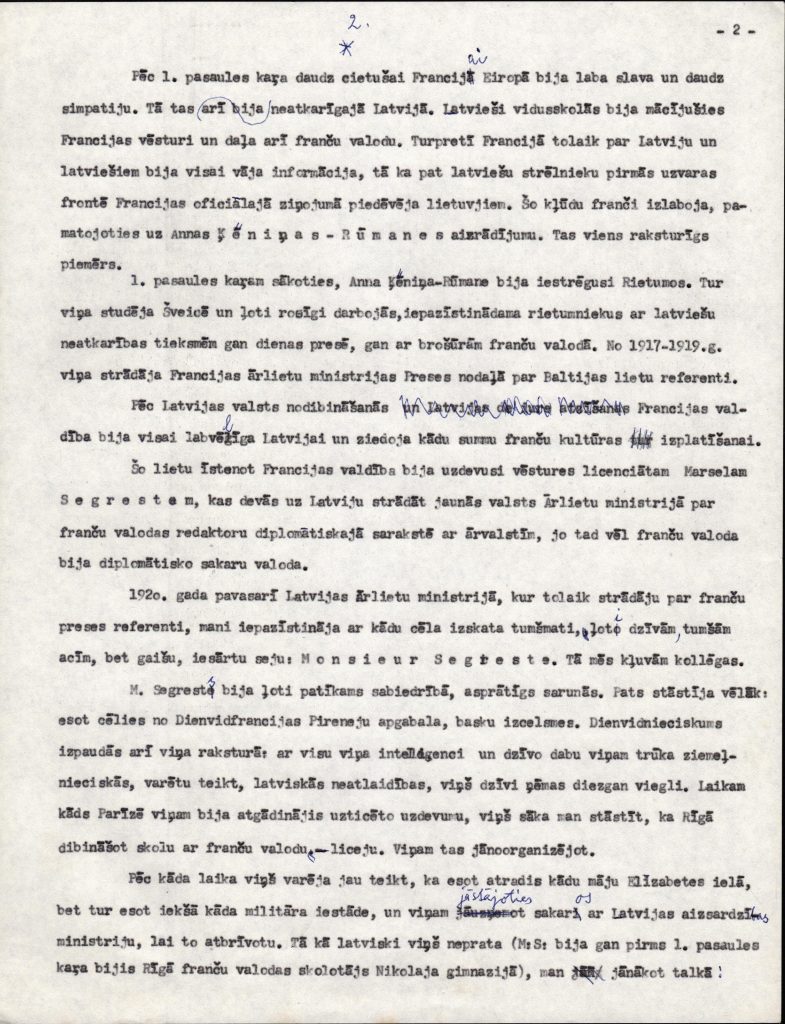 Angelikas Gailītes raksta "Rīgas Franču licejs" manuskripta fragments. 1970. gads. Avots: LNA_LVA_F2402_US1