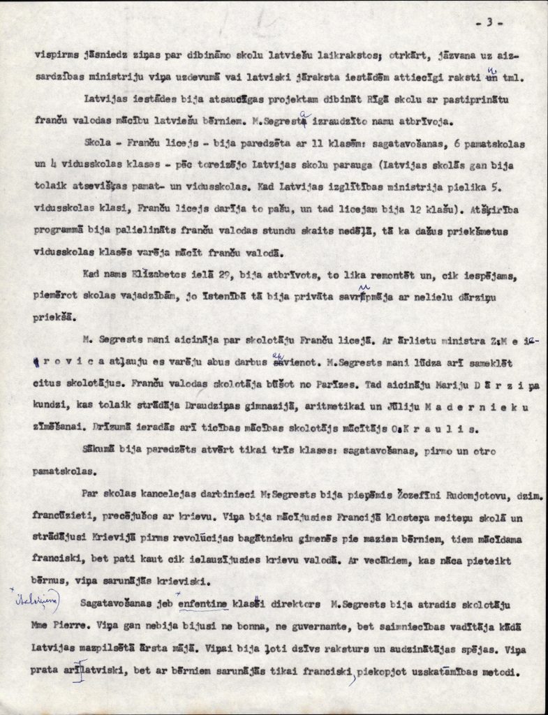 Angelikas Gailītes raksta "Rīgas Franču licejs" manuskripta fragments. 1970. gads. Avots: LNA_LVA_F2402_US1