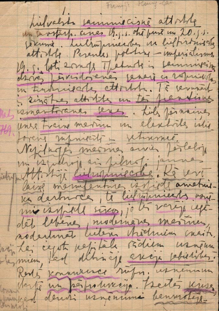 Angelikas Gailītes konspektu par pasaules vēsturi viņas pasniegtajām vēstures stundām skolēniem fragments. 1940. – 1944. gads. Avots: LNA_LVA_F2402_US1
