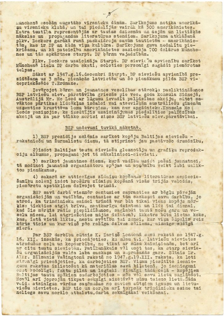 Baltijas Sieviešu padomes pārskats par 1947. gadu. Avots: LNA_LVA_F1971_1_112, 10. lp.