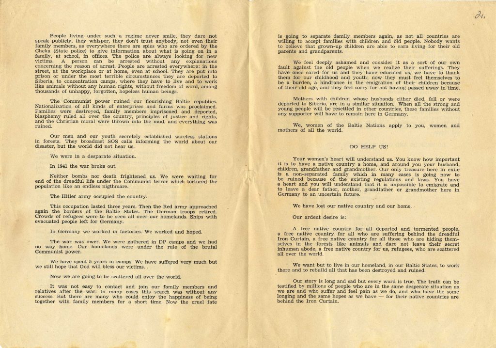 Baltijas Sieviešu padomes aicinājums brīvo valstu sievietēm vērst uzmanību uz Baltijas valstu okupācijas faktu. Avots: LNA_LVA_F1971_1_112, 2. lp.