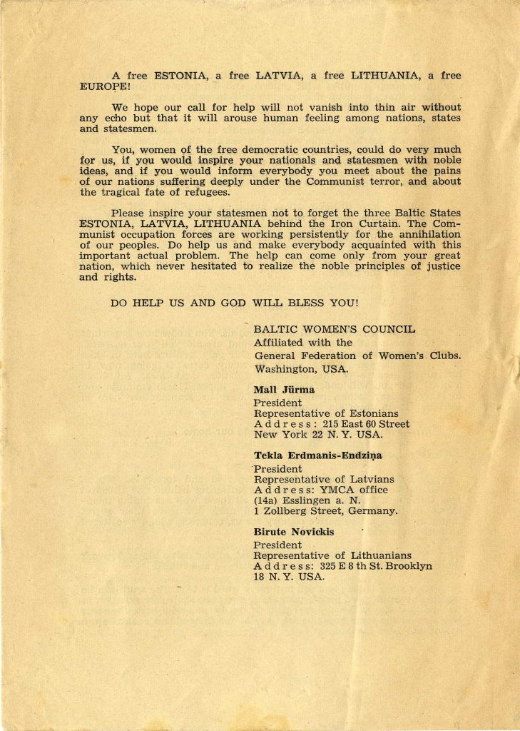 Baltijas Sieviešu padomes aicinājums brīvo valstu sievietēm vērst uzmanību uz Baltijas valstu okupācijas faktu. Avots: LNA_LVA_F1971_1_112, 2. lp.