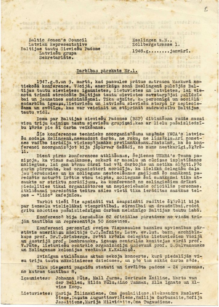 Baltijas Sieviešu padomes pārskats par 1947. gadu. Avots: LNA_LVA_F1971_1_112, 8. lp.