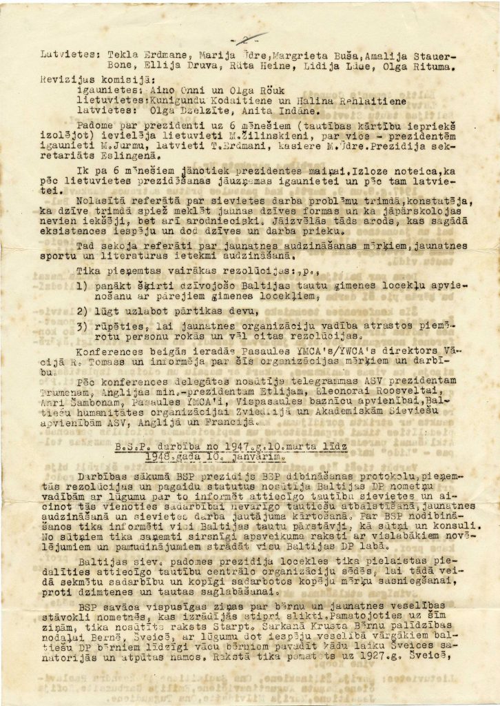 Baltijas Sieviešu padomes pārskats par 1947. gadu. Avots: LNA_LVA_F1971_1_112, 8. lp.
