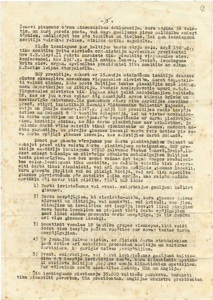 Baltijas Sieviešu padomes pārskats par 1947. gadu. Avots: LNA_LVA_F1971_1_112, 9. lp.
