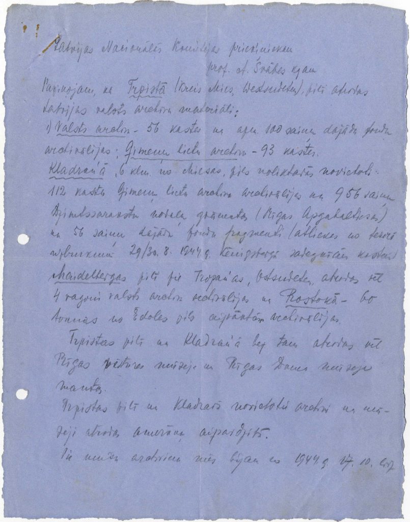 Arhivāru Laumas Juliānas Slokas un Lūcijas Pāvs vēstule Arvedam Švābem par evakuētajiem arhīviem. 1945. gada 5. jūlijs. Avots: LNA_LVA_F2176_1-v_166, 80. lp.