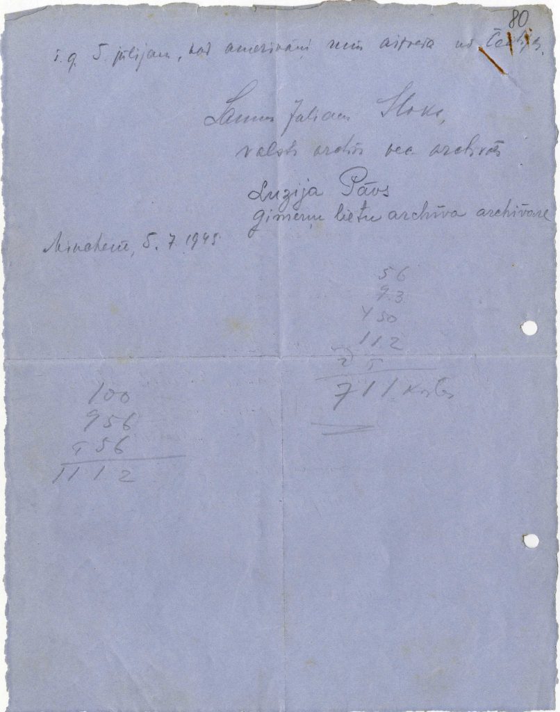 Arhivāru Laumas Juliānas Slokas un Lūcijas Pāvs vēstule Arvedam Švābem par evakuētajiem arhīviem. 1945. gada 5. jūlijs. Avots: LNA_LVA_F2176_1-v_166, 80. lp.